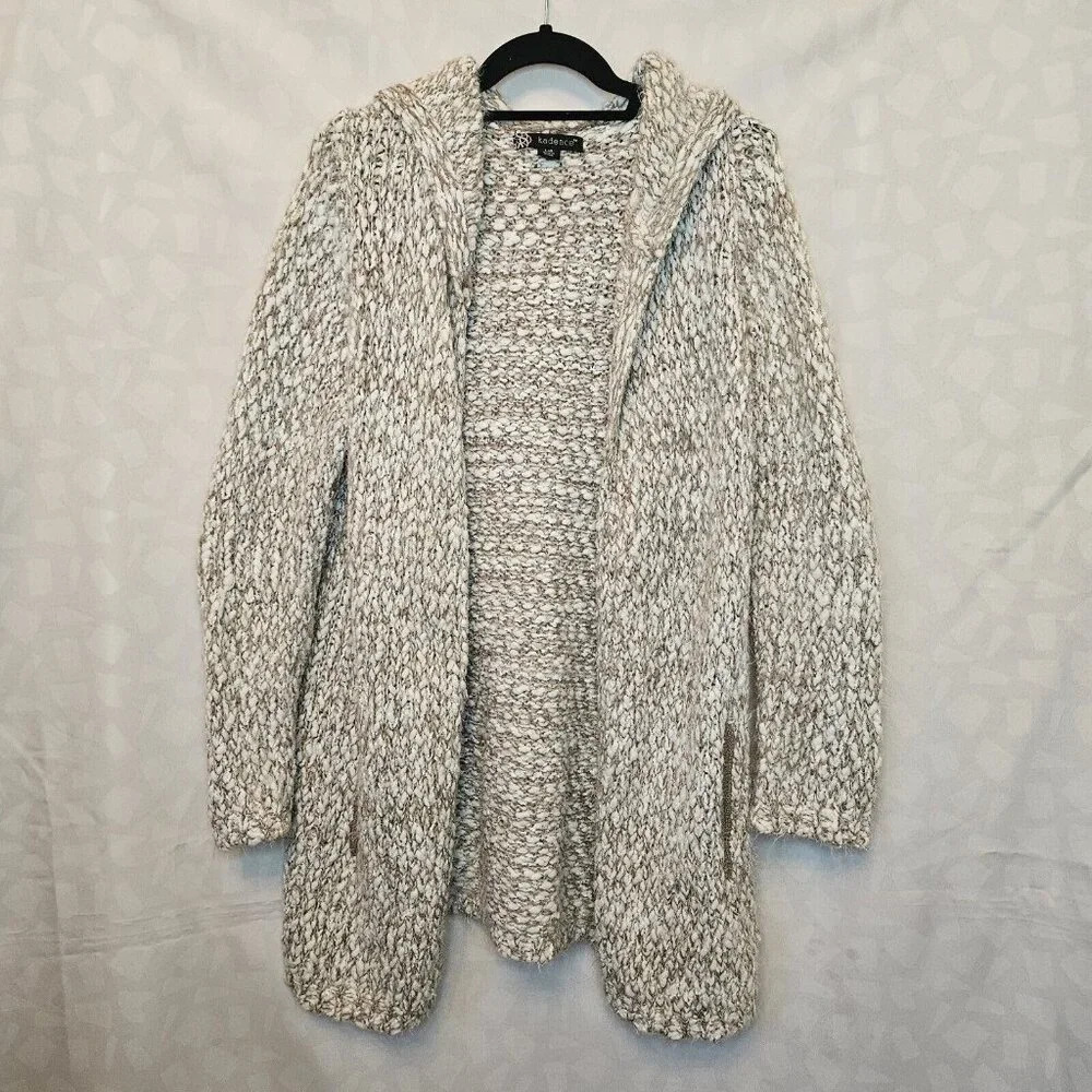Kadence Chunky Hooded Tan And Cream Cardigan Size L